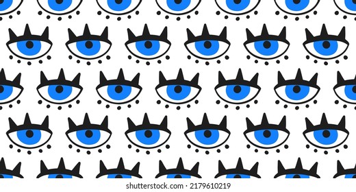 Evil eyes seamless pattern texture in blue, white colors. Mediterranean geometric style drawing, talisman symbol decor element. Contemporary modern trendy fabric, textile design, vector background