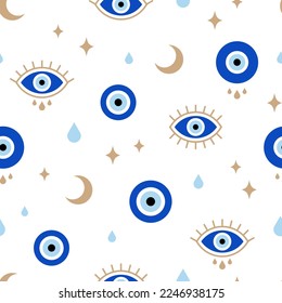 Evil eyes seamless pattern. Vector illustration of protection talismans. Line art. Texture for print, textile. 