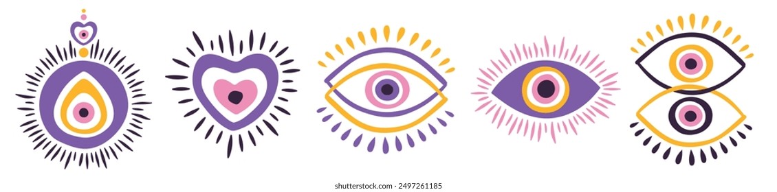 Evil eyes seamless pattern. Vector illustration of protective talismans. Line art. Texture for printing, textile, packaging, cards and scene backgrounds