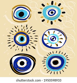 Evil eyes set. Colorful eyes with lashes different shapes in flat design