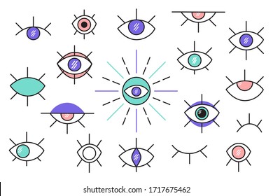 Evil eyes. A set of different talismans. Different eyes.  Modern fashion vector illustration. All elements are isolated on a white background