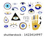 Evil eyes. Set of hand drawn various talismans. Different shapes. Flat design. Free hand drawing style. Contemporary modern trendy vector illustration. All elements are isolated