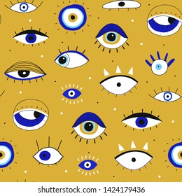 Evil eyes. Set of hand drawn various talismans. Different shapes. Flat design. Free hand drawing style. Contemporary modern trendy vector seamless pattern. Yellow background