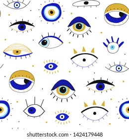 Evil eyes. Set of hand drawn various talismans. Different shapes. Flat design. Free hand drawing style. Contemporary modern trendy vector seamless pattern