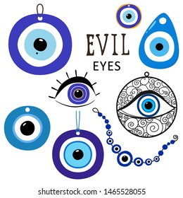 Evil eyes. Set of hand drawn various talismans of different shapes. Flat Vector Isolates