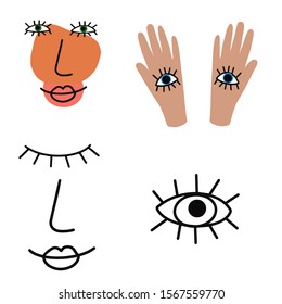 Evil eyes. Set of hand drawn various talismans. Different shapes. Flat design. Free hand drawing style. vector illustration. All elements are isolated