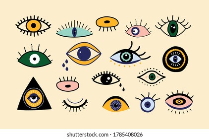 Evil eyes set. Hand drawn abstract talismans, doodle eye shapes cartoon greek style. Trendy vector illustration.