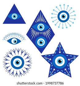 Evil eyes. Set of hand drawn various talismans. Different shapes. Flat design. Contemporary trendy