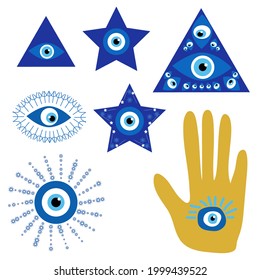 Evil eyes. Set of hand drawn various talismans. Different shapes. Flat design. Contemporary trendy
