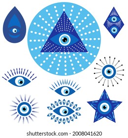 Evil eyes. Set of hand drawn various talismans. Different shapes. Flat design. Contemporary trendy