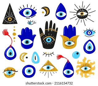 Evil eyes. Set of hand drawn different mascots. Evil eye, Hamsa, Hand of Fatima, Eye of Providence. Vector illustrations of amulets in blue. Freehand drawing style. Isolated on white