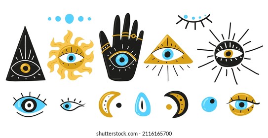 Evil eyes. Set of hand drawn different mascots. Evil eye, Hamsa, Hand of Fatima, Eye of Providence. Vector illustrations of amulets in blue. Freehand drawing style. Isolated on white
