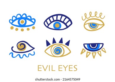 Evil eyes set. Hand drawn elements in blue, golden colors. Mediterranean Boho sign. Greek, aztec human eye. Magic, occult decorative symbol. Contemporary minimal trendy design, vector illustration