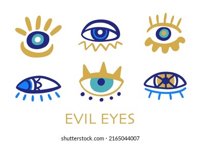 Evil eyes set. Hand drawn elements in blue, golden colors. Mediterranean Boho sign. Greek, aztec human eye. Magic, occult decorative symbol. Contemporary minimal trendy design, vector illustration