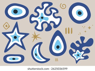 Böse Augen. Set von handgezeichneten verschiedenen Talismanen. Verschiedene Formen. Moderne moderne trendige Vektorgrafik