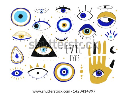 Evil eyes. Set of hand drawn various talismans. Different shapes. Flat design. Free hand drawing style. Contemporary modern trendy vector illustration. All elements are isolated Сток-фото © 