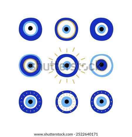 Evil eyes. Set of mystical hand draw icons. Modern talisman amulet design for a poster, sticker, home decor. Fabric textile print. 