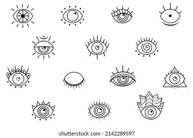 Evil eyes set. Simple flat design. Outline eyes symbol. Vector illustration.