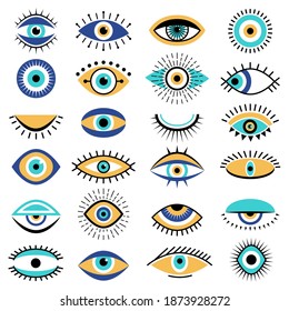 Evil eyes symbols. Illuminati tattoo graphic sketch hipster ethnic traditional vector pictures