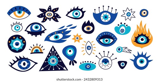 Evil eyes. Turkish or Greek talisman icons. Magical amulets. Hamsa esoteric symbols. Blue color Fatima eyeballs with lashes. Traditional occult souvenir. Fire sight