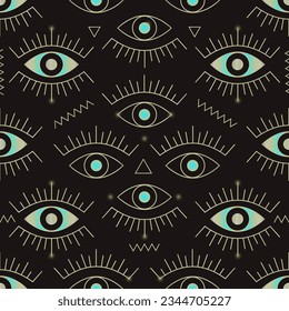 Evil eyes and zigzags on black background. Seamless pattern with esoteric protective symbols. Vector illustration