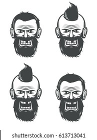 Evil face of a bearded man with an open and a closed mouth. Vector black and white illustration.
