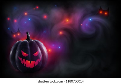 Evil face black pumpkin on mystic red and violet backdrop with magic lights and owl eyes in fog. Vector Halloween poster and flyer background.