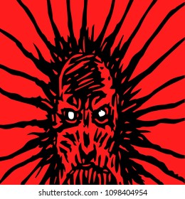 Evil face of a bloodthirsty monster. Angry character in horror genre. Vector illustration.