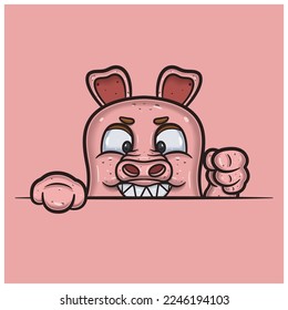 Evil Face Expression With Pig Cartoon. Vector and Illustration