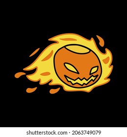 Evil face of Halloween pumpkin with flames and red smoke in the background