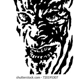 The evil face of the killer maniac watching his victim. Vector illustration. Genre of horror. Scary character head for halloween.