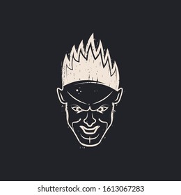 Evil face man with flaming hair. Horrible smile. Devil head. Vector illustration. Black background.