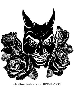 Evil face with red roses. black silhouette Illustration vector image
