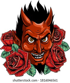 Cara malvada con rosas rojas. Imagen vectorial de ilustración