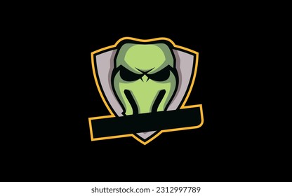 Evil face with shield protection or ghost police logo