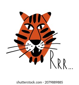 The evil face of a tiger that growls. Cute cartoon roaring Tiger. Funny wild cat with stripes. Hand drawn trendy Vector illustration isolated on a white background. Portrait of tiger open mouth roar.