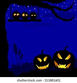 evil faces and pumpkins on a blue background