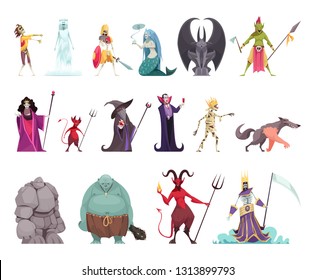 Evil Fairy Tails Characters Set With Wicked Witch Stepmother Queen Vampire Stone Man Dragon Funny Colorful Vector Illustration