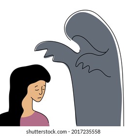 An evil figure looms over the girl. Internal fears. Psychological problems. Depression, stress, uncertainty. Mental disorder.