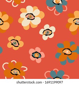 Evil flower eyes. Hand drawing style. Contemporary modern trendy vector seamless pattern. Retro palette.