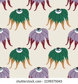 Evil flower eyes, seamless pattern, print. Hand drawn sinister flower, freehand drawing style. Modern contemporary trendy Halloween holiday vector illustration.