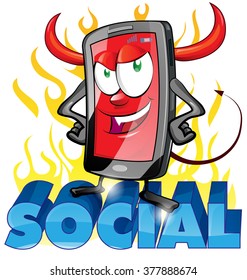 evil fun mobile cartoon on flame background