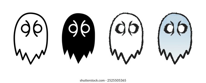 Conjunto de iconos de fantasma malvado. Ilustración vectorial de personaje de Halloween dibujado a mano aterradora. Símbolo de pesadilla. Colección de pictograma de fantasma de terror. Silueta de monstruo fantasmal. Misteriosa sombra Diseño gráfico espeluznante.