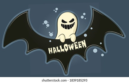 Evil ghost and inspiration "Halloween". Bat wings, and lettering "Halloween". Snide and funny ghost illustration.