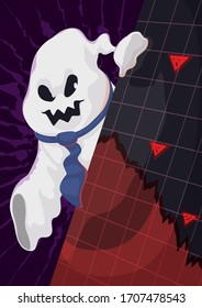 Evil ghost like a businessman with necktie appearing behind a squared sign with decreasing statistic graph and scared economic indicators.