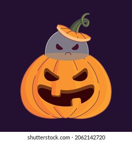 An evil ghost in a pumpkin head. Halloween pumpkin head grinning. Jack-o'-lantern. Purple background.