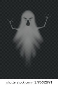 Evil ghost scaring with frightening face. Halloween monster silhouette. Flying evil phantom or spirit figure. Night dead ghoul or spooky isolated mysterious apparition vector illustration