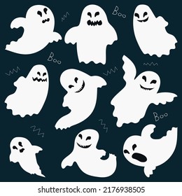 Malvados fantasmas de Halloween, aislados ambientes. Hermosos monstruos. Vector de carácter de caricatura plana