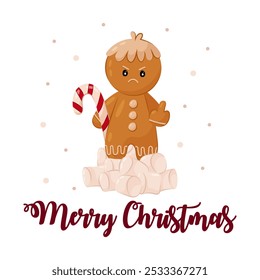 Evil gingerbread man with a caramel candy cane on a pile of marshmallow. Gingerbread. Holiday food. Merry Christmas. Christmas lettering for t-shirt print, poster or card.