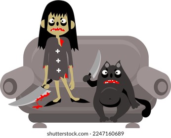 An evil girl with a knife in her hands and an evil black cat are located on a gray sofa. Cartoon..